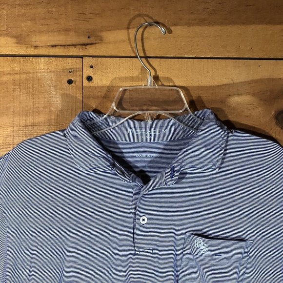 B. Draddy Polo Golf Shirt Mens Size Large OS Logo Pocket Pinstripe Blue EUC - Picture 2 of 12